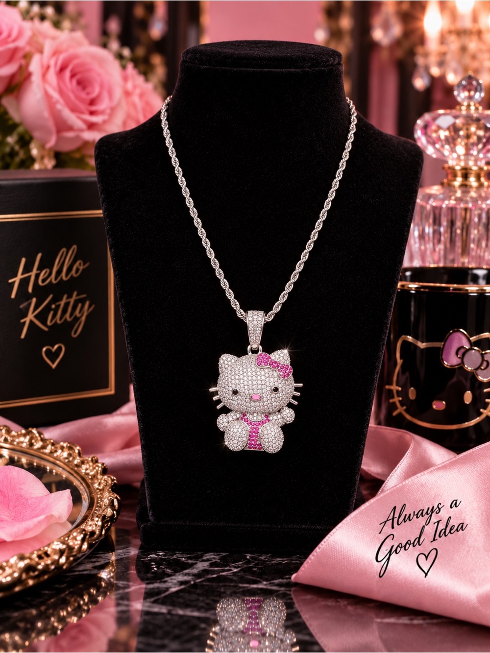 Hello Kitty Iced Out Rhinestone Charm Necklace 24” Stainless Steel